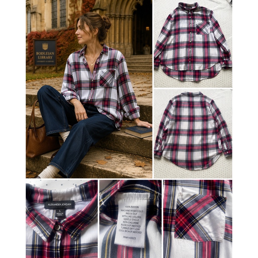 Plaid Shirt L Red Navy White Rayon Button Down High Low Hem Preppry